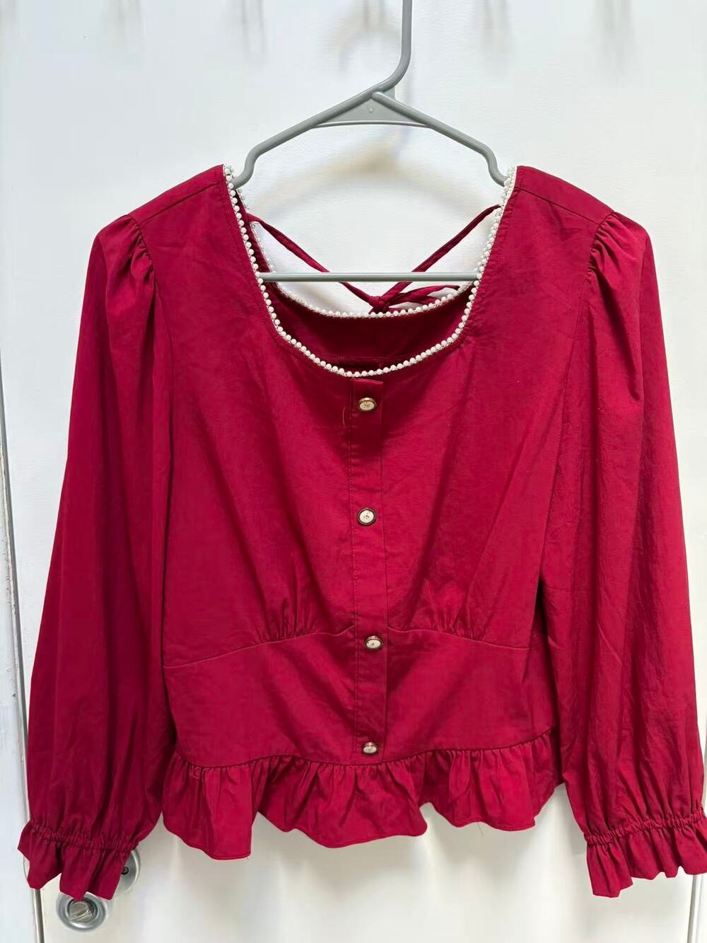 Vintage Burgundy Square Neck Blouse Pearl Trim Ruffle Hem Puff Sleeve Top M